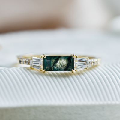 Ring in art deco style with moss agate and moissanites DINETH