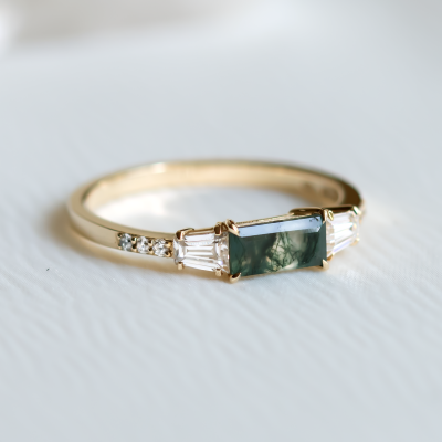 Ring in art deco style with moss agate and moissanites DINETH