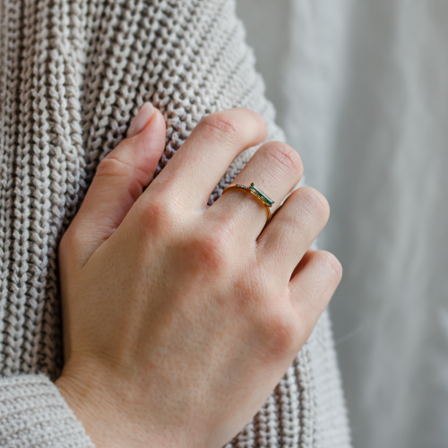 Gold ring with baguette moss agate and diamonds ELLETH