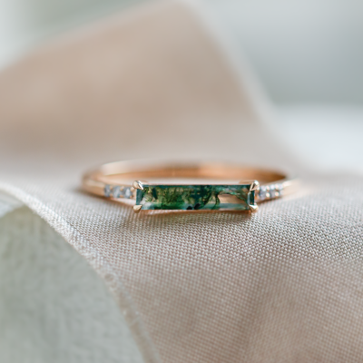 Gold ring with baguette moss agate and diamonds ELLETH