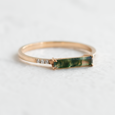 Gold ring with baguette moss agate and diamonds ELLETH