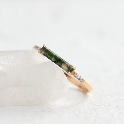 Gold ring with baguette moss agate and diamonds ELLETH