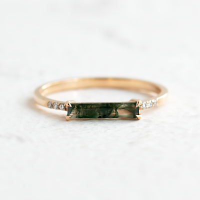 Gold ring with baguette moss agate and diamonds ELLETH