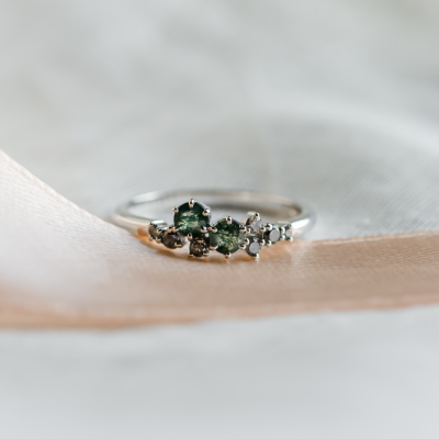 Cluster ring with moss agates and salt and pepper diamonds EVE