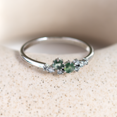 Cluster ring with moss agates and salt and pepper diamonds EVE