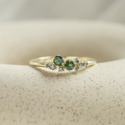 Cluster ring with moss agates and salt and pepper diamonds EVE