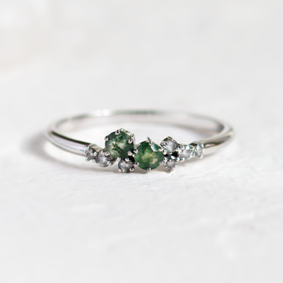 Cluster ring with moss agates and salt and pepper diamonds EVE