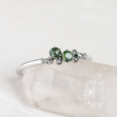 Cluster ring with moss agates and salt and pepper diamonds EVE