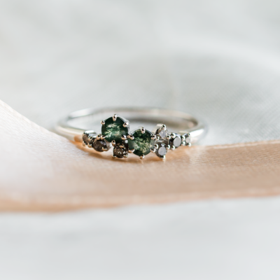 Cluster ring with moss agates and salt and pepper diamonds EVE