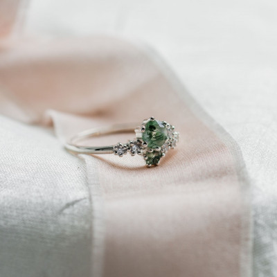 Cluster ring with moss agate and diamonds FANTASY