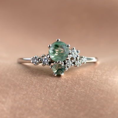 Cluster ring with moss agate and diamonds FANTASY