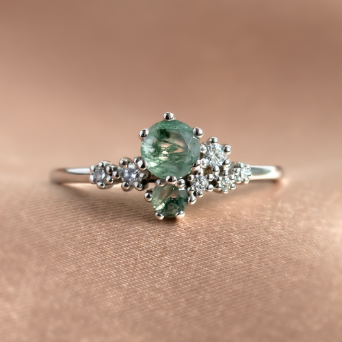 Cluster ring with moss agate and diamonds FANTASY