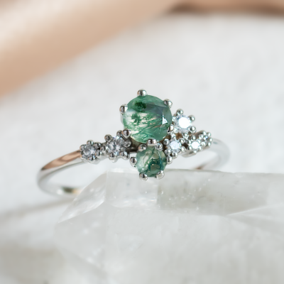 Cluster ring with moss agate and diamonds FANTASY