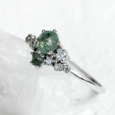 Cluster ring with moss agate and diamonds FANTASY