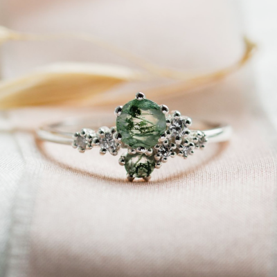 Cluster ring with moss agate and diamonds FANTASY