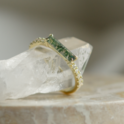 Unusual engagement ring with baguette moss agate and diamonds MILA