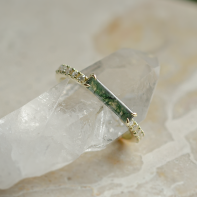Unusual engagement ring with baguette moss agate and diamonds MILA