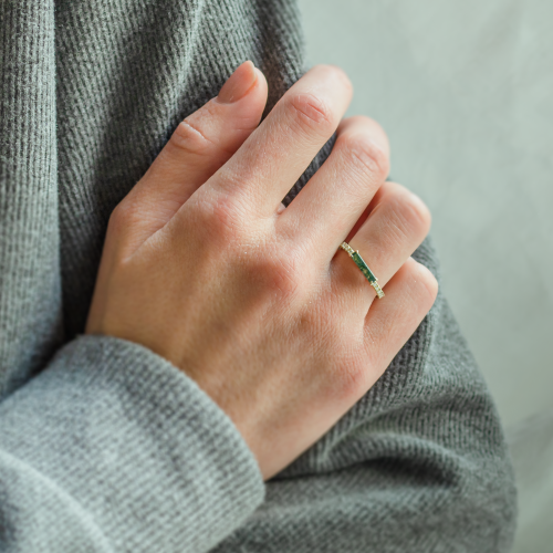 Unusual engagement ring with baguette moss agate and diamonds MILA