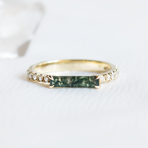 Unusual engagement ring with baguette moss agate and diamonds MILA