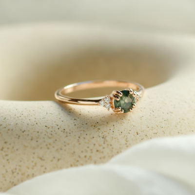 Noble gold ring with moss agate and diamonds MONNY