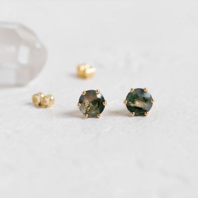 Zlaté náušnice s mechovými acháty REBE