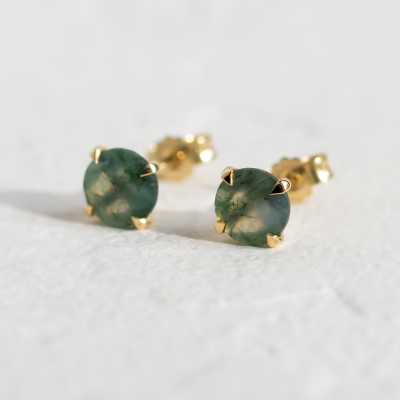 Gold stud earrings with moss agate REBECCA