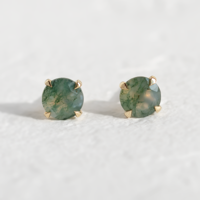 Gold stud earrings with moss agate REBECCA