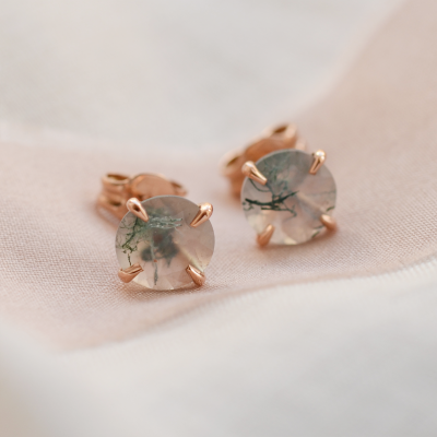 Gold stud earrings with moss agate REBECCA