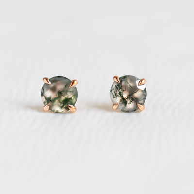 Gold stud earrings with moss agate REBECCA