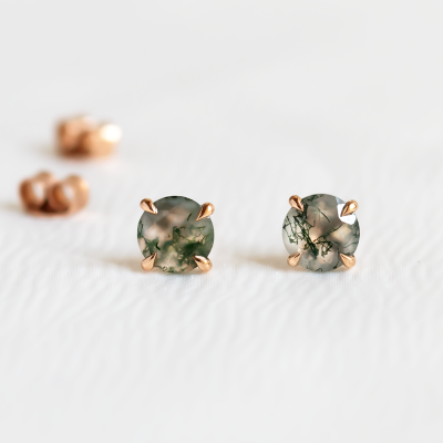 Gold stud earrings with moss agate REBECCA