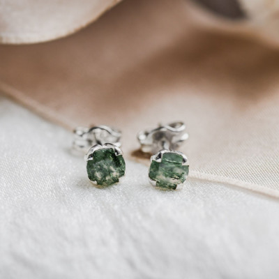 Round gold stud earrings with moss agate RENE