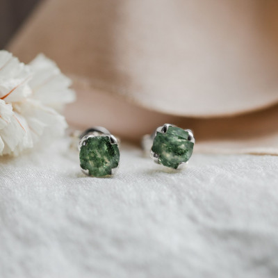 Round gold stud earrings with moss agate RENE