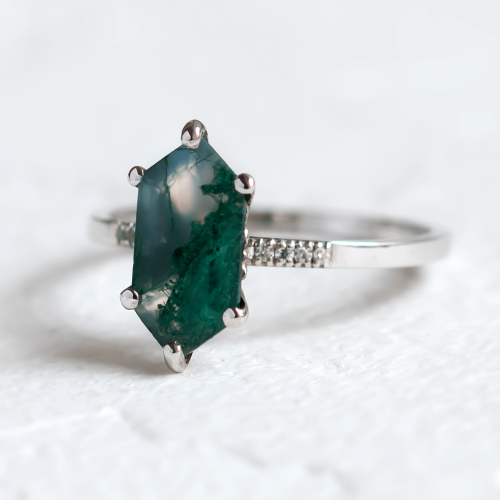 Gold diamond ring with moss agate ROXANE