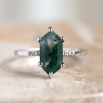 Zlatý diamantový prsten s mechovým achátem ROXANE