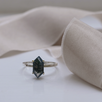 Gold diamond ring with moss agate ROXANE
