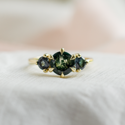 Gold ring with moss agate and blue topaz SYLT