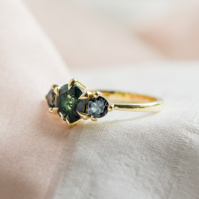 Gold ring with moss agate and blue topaz SYLT