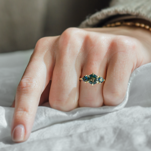 Gold ring with moss agate and blue topaz SYLT