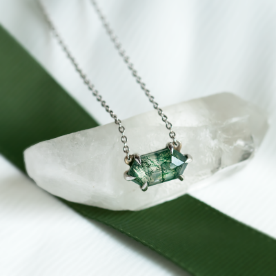 Gold necklace with hexagon moss agate VALINOR