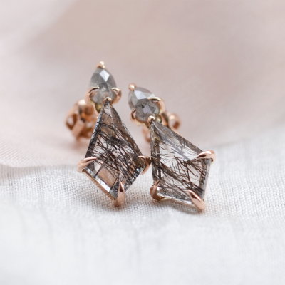 Gold rutilated quartz earrings with salt'n'pepper diamonds FIRENZE
