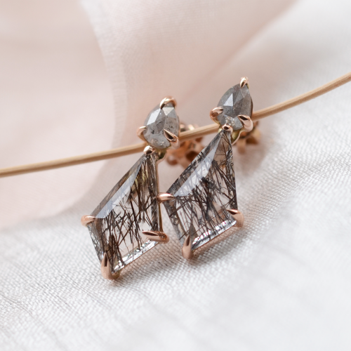 Gold rutilated quartz earrings with salt'n'pepper diamonds FIRENZE