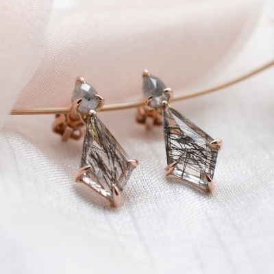 Gold rutilated quartz earrings with salt'n'pepper diamonds FIRENZE