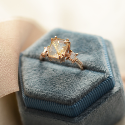 Gold vintage ring with rutilated quartz and diamonds FRANCESCA