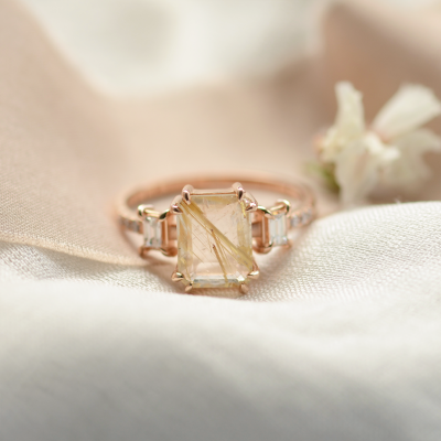 Gold vintage ring with rutilated quartz and diamonds FRANCESCA