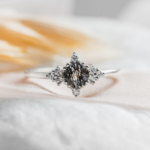 Gold ring with rutilated quartz and diamonds PHOENIX