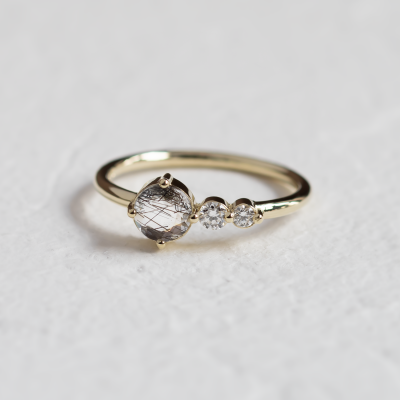 Gold ring with rutilated quartz and diamonds QUIDO