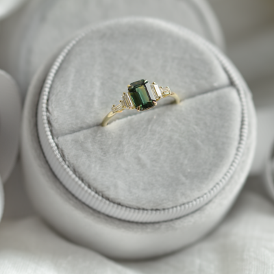 Engagement ring in vintage style with green sapphire and moissanites AISHA