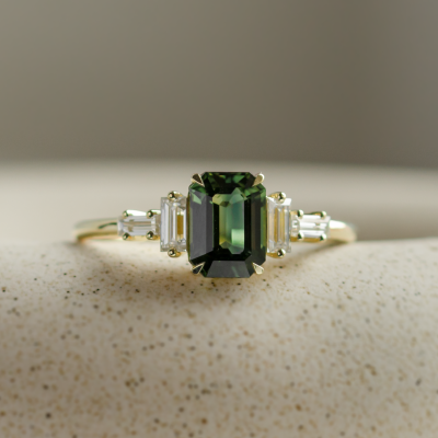 Engagement ring in vintage style with green sapphire and moissanites AISHA