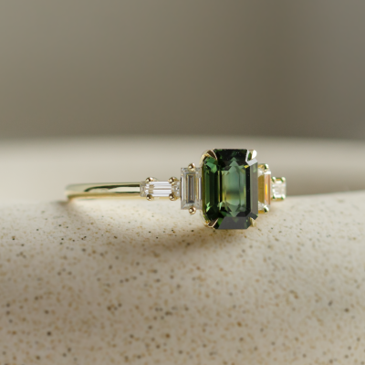 Engagement ring in vintage style with green sapphire and moissanites AISHA