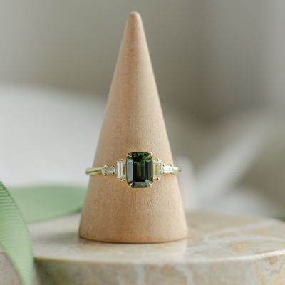 Engagement ring in vintage style with green sapphire and moissanites AISHA